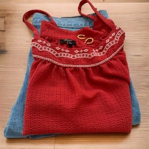 Embroidered Paprika colored summer sleeveless top with piping edging ruffle